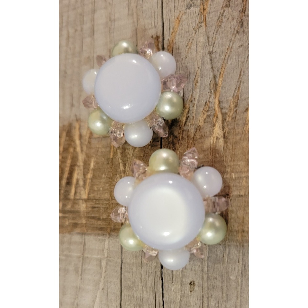 Vintage Flower Clip On Earrings‎ Pearl Beaded Statement Elegant - Picture 11 of 14